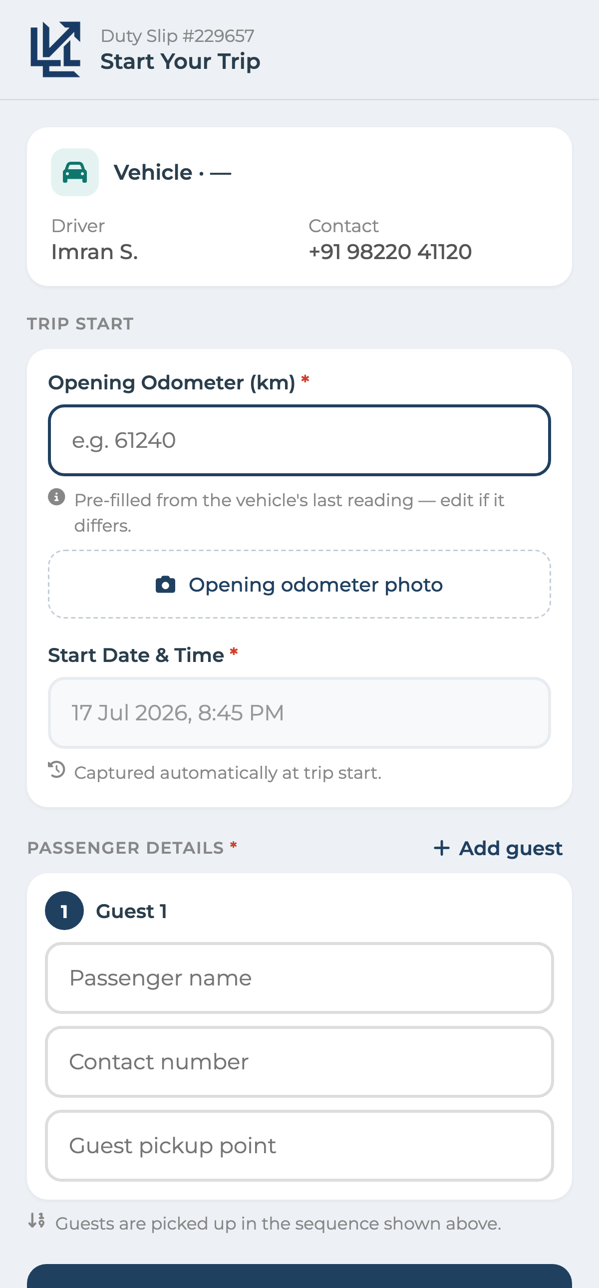 Levart Duty-Slip mobile web app — the Start Trip screen with vehicle, driver and opening odometer