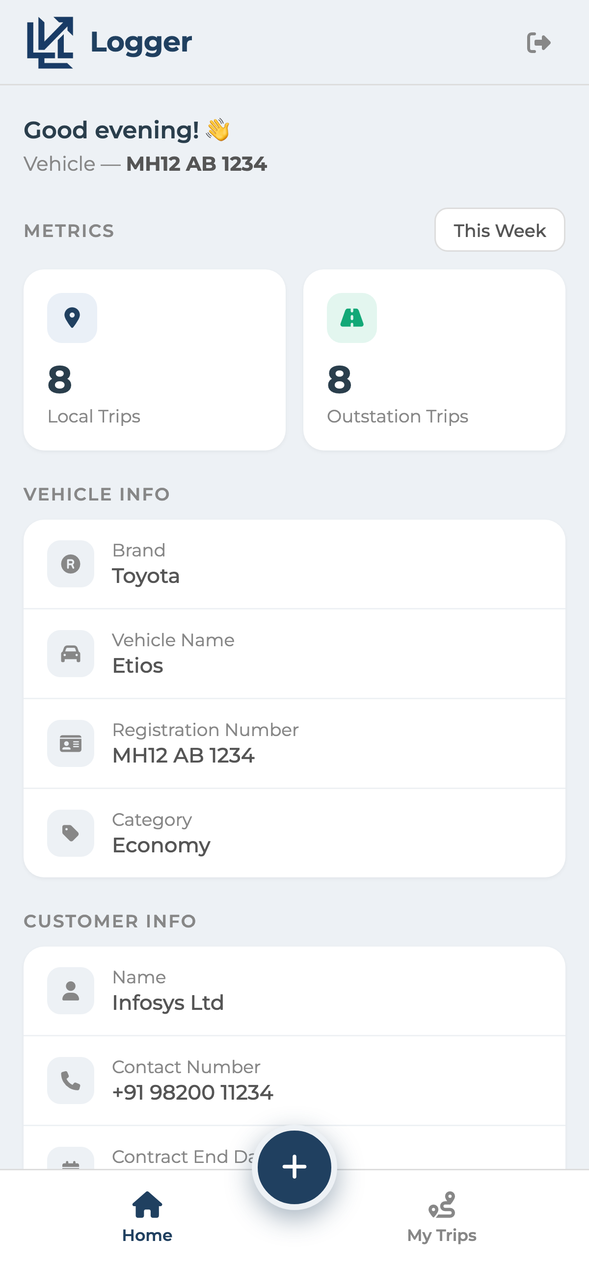 Levart Logger-Sheet phone app — the driver's home screen with this week's trips and vehicle details
